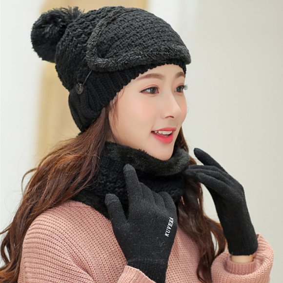 Accessories - High Quality Ring Scarves Hat Touch Screen Gloves Set Winter 4pcs Fleece Lined